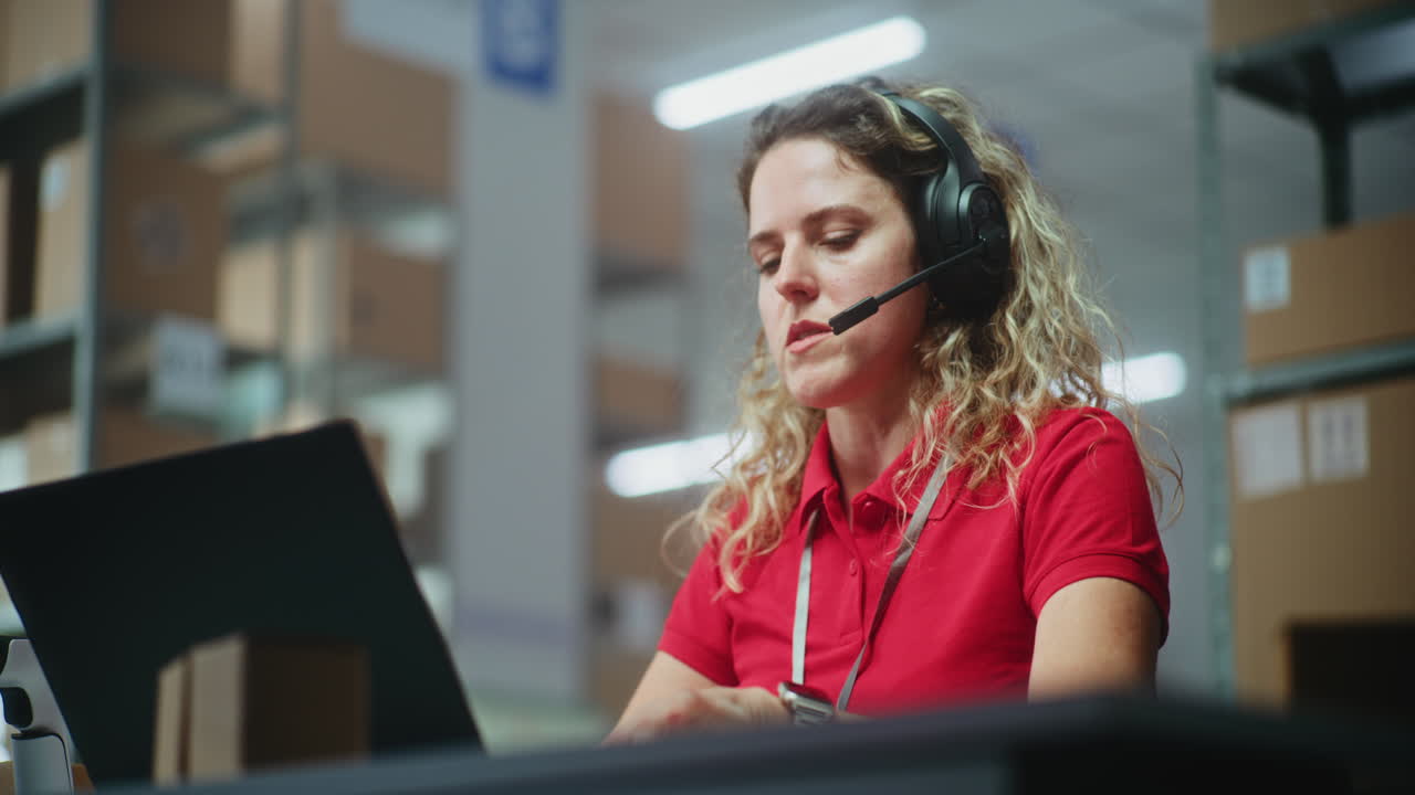 trabajador de almacén en portátil con auriculares