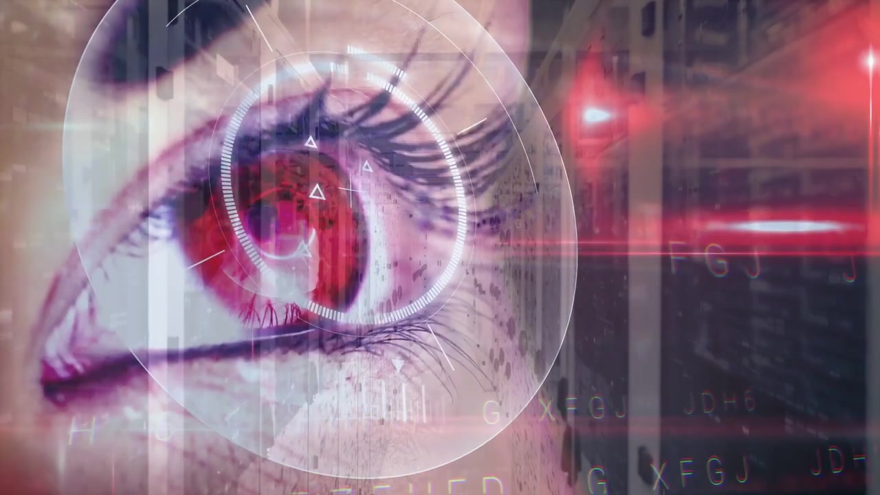 Woman holding gaze while HUD appearing over iris pulsing rings scanning racks for server access