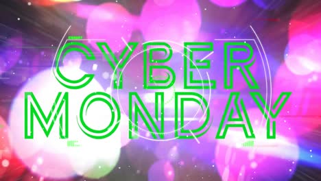 animación de texto de cyber monday sobre escaneo de alcance y luces rosadas