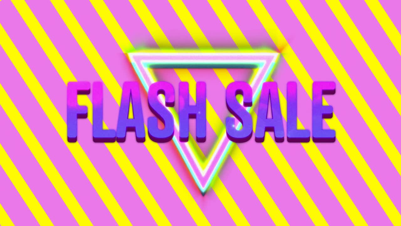 Grafica "Offerta Lampo" e triangoli colorati su sfondo a strisce diagonali rosa e gialle 4k