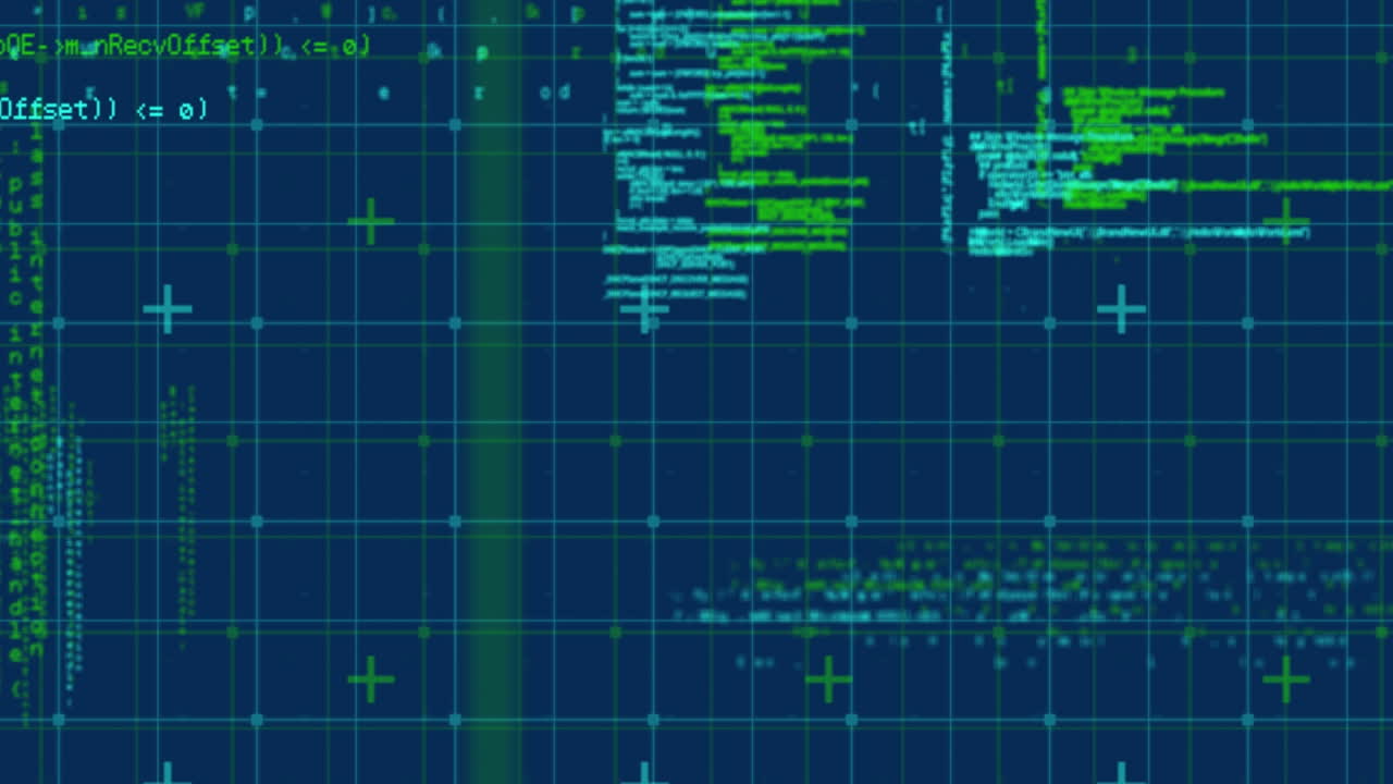 Animation of data processing over grid on blue background