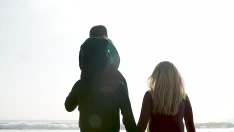 Family-in-wetsuits-walking-on-beach