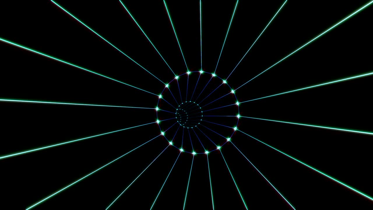 Abstract tunnel with neon light looped animation. Endless flight in cyberspace with futuristic electric grid net. Glowing dots and lines forming round pathway in darkness. Virtual reality cyber hole