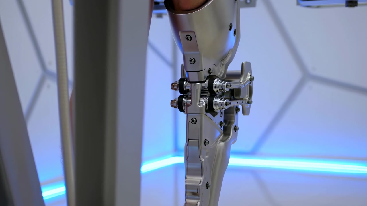 Close view advances toward polished hinges, fasteners, and cylindrical joint parts on a silver wearable leg mechanism, while soft blue light outlines the clean futuristic interior.