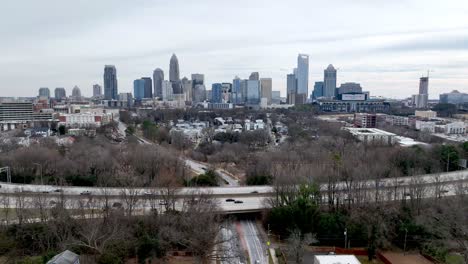aerial push in to charlotte north carolina, nc skyline
