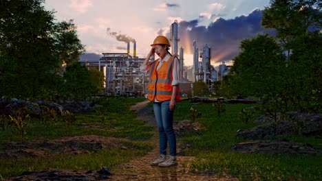 full body side view of asian female engineer with safety helmet having a headache while working in front of oil refinery