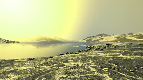 snowy landscape with soft light over calm water near mountains at dusk
