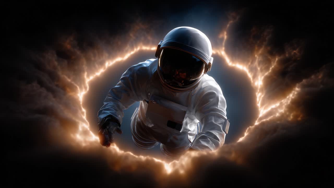 A courageous astronaut emerges from a glowing cosmic portal, symbolizing exploration, adventure, and the mysteries of the universe in a breathtaking visual narrative
