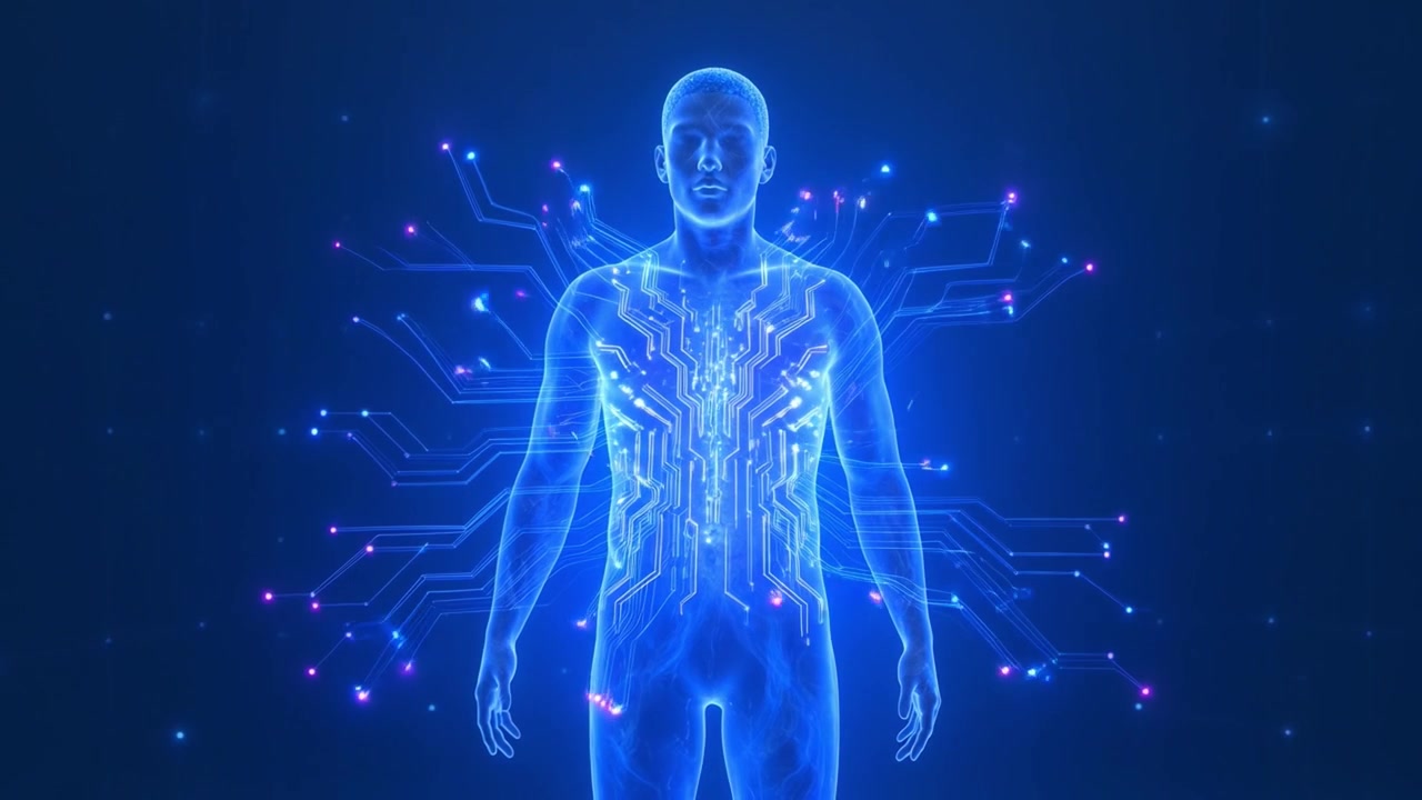 Digital Human Body with Glowing Circuitry and Energy Flow