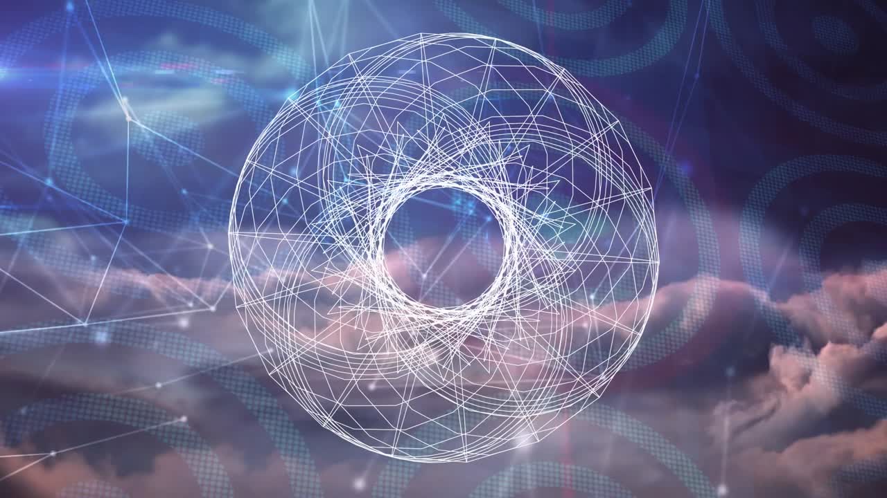 Animazione di una forma geometrica su connessioni in un cielo nuvoloso.