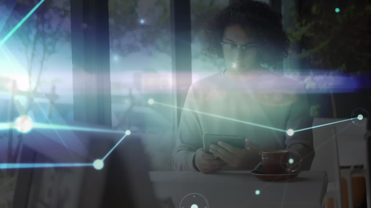 Animation of networks of connections with icons over man using smartphone