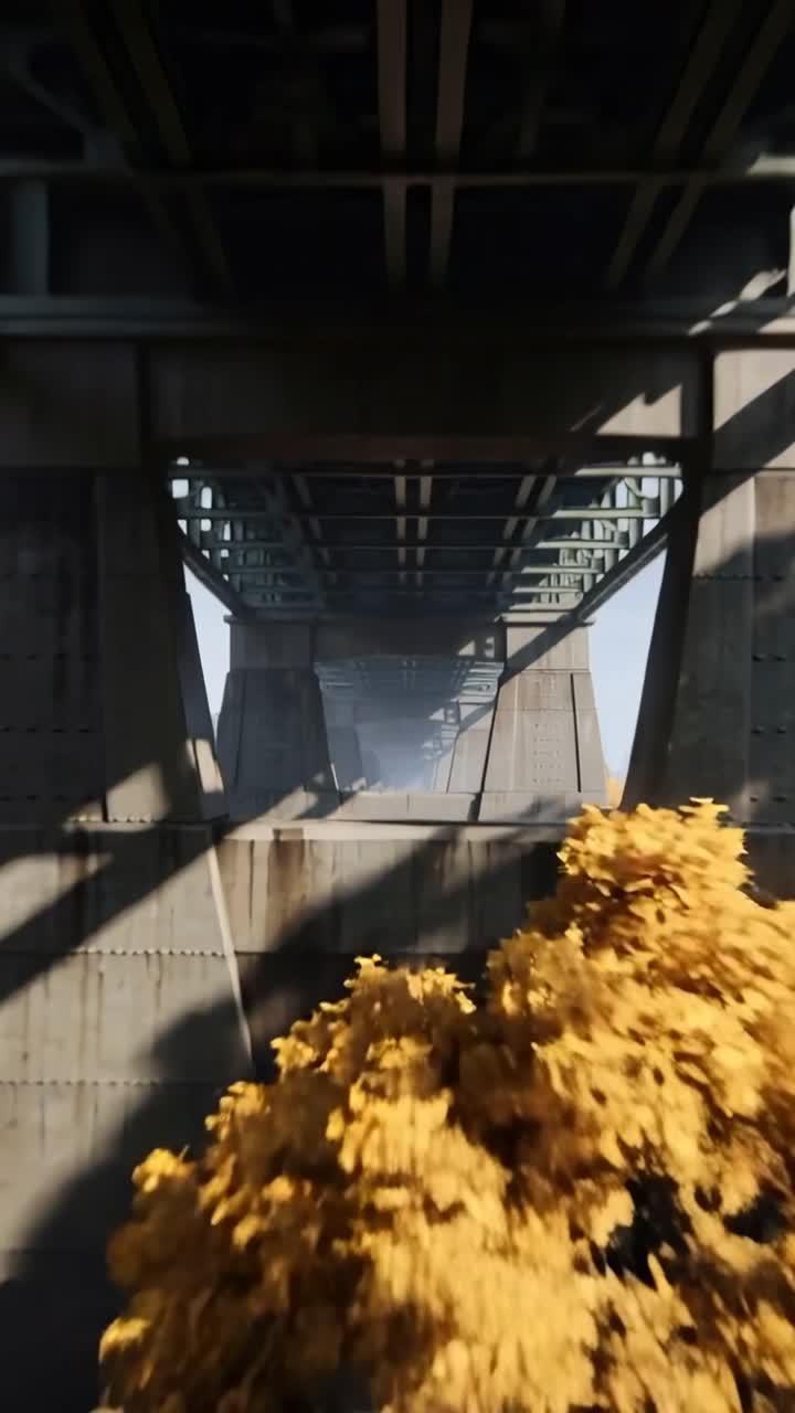 Vertical video: Starting camera moving from barrier under bridge showing piers, yellow trees, shade