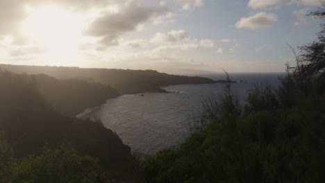 una toma aérea de dolly revelando una bahía escondida en una costa rocosa de maui, estados unidos.