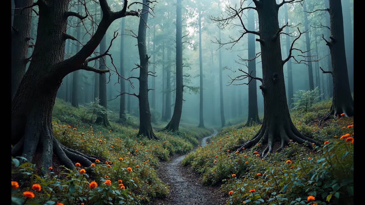 Misty Forest Path with Orange Flowers