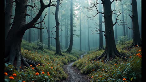 misty forest path with orange flowers