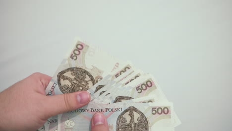 the man puts money in hand, counts money in hand, 500 zlotys file