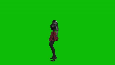 3d invincible woman wearing leather jacket, short skirt and high heels, dancing on green screen, 3d animation