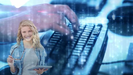 Animation-of-caucasian-woman-holding-tablet-over-person-typing-on-computer-keyboard