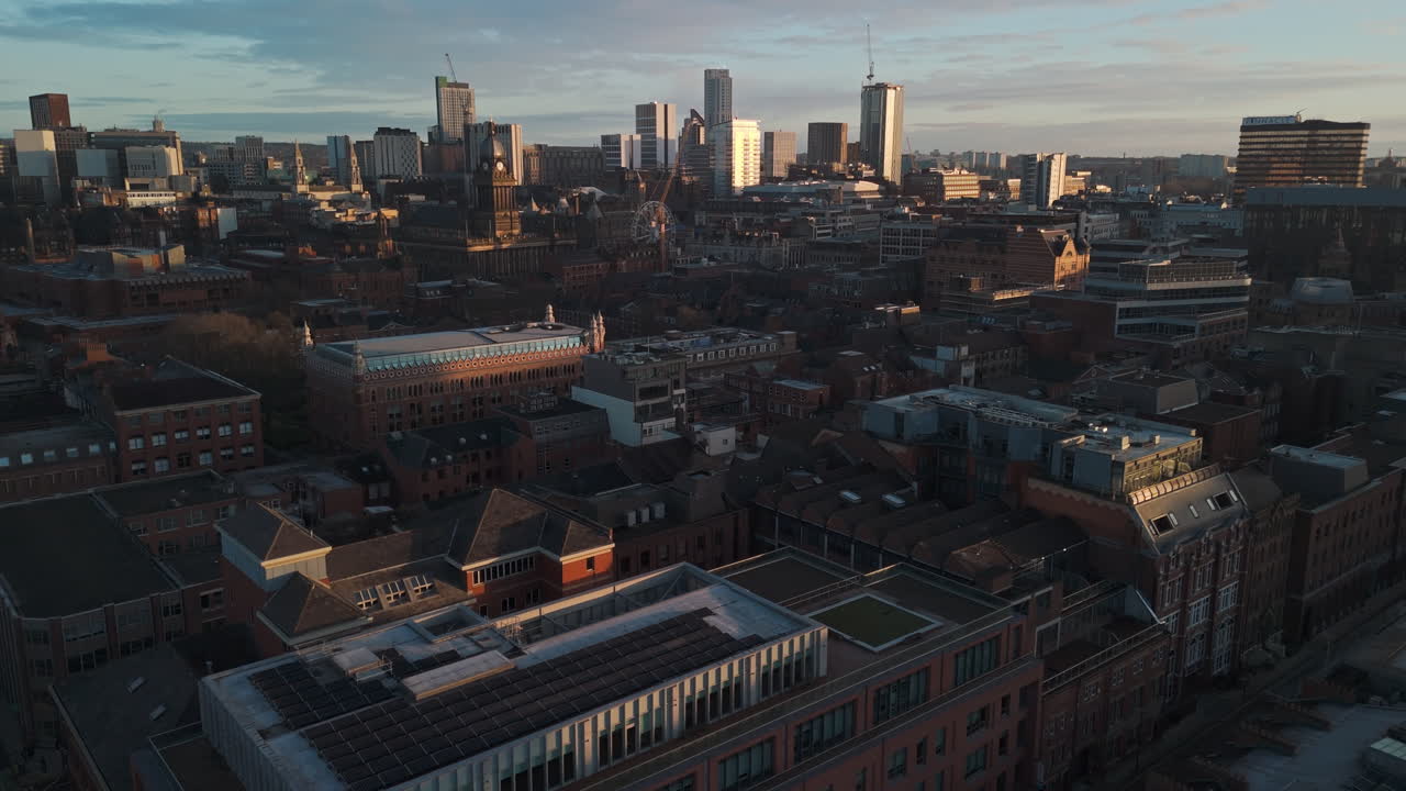 Establishing Aerial Drone Shot of Leeds City Centre at Sunrise Morning UK