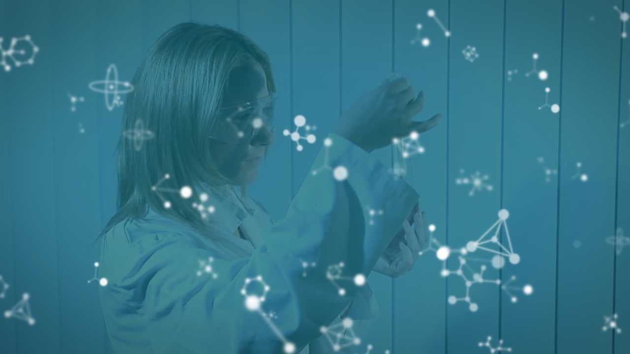Animation of molecules over caucasian female lab worker
