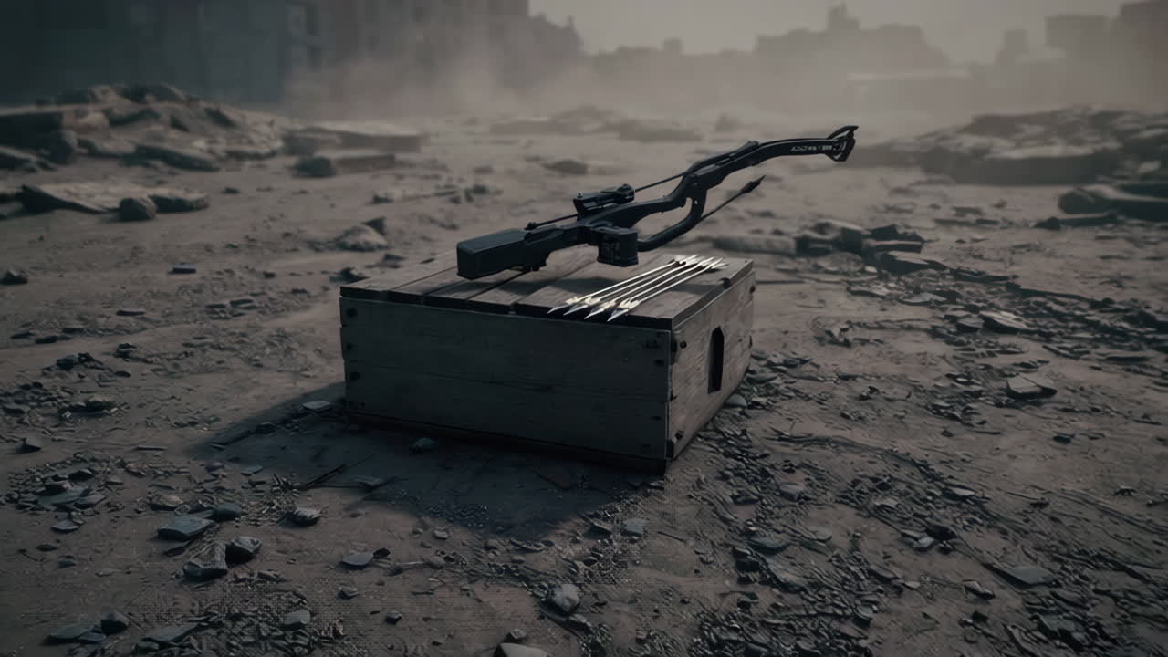 Crossbow and Arrows on Wooden Crate in a Post-Apocalyptic Desert Landscape