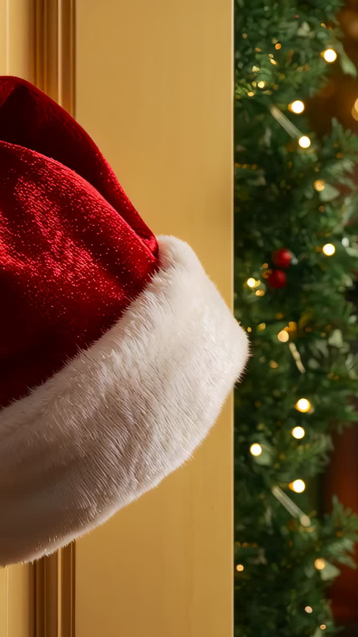 Vertical video: Panning shot showing red Santa hat on gold knob at entry, revealing wreath lights