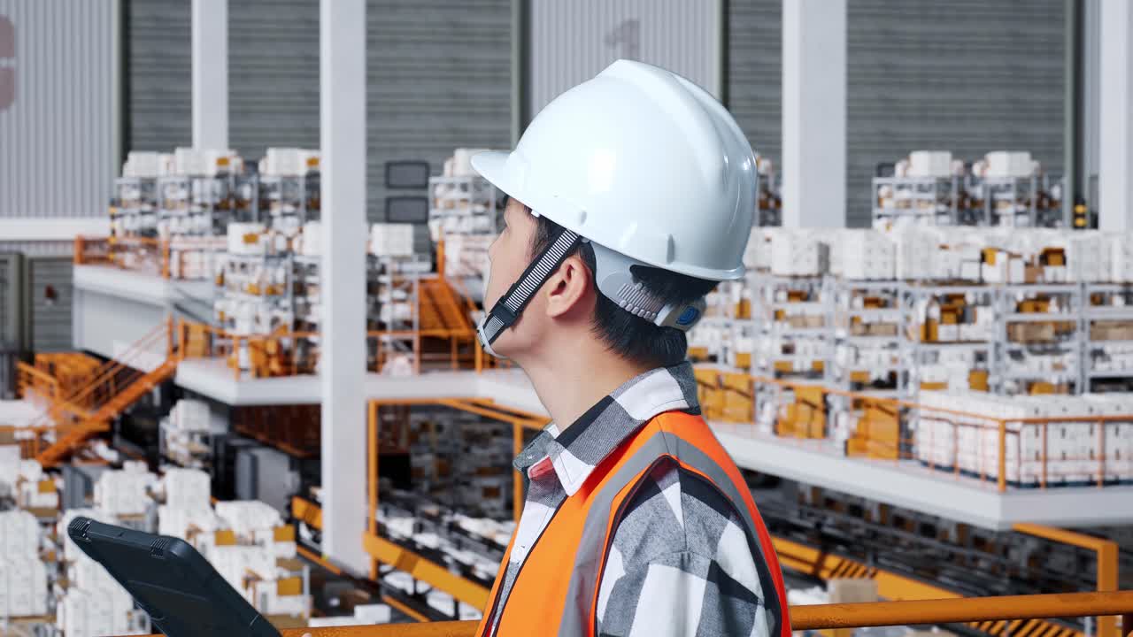 안전 헬을 입은 아시아 남성 엔지니어가 손에 든 태블릿을 보고 배달 물품으로 가득 찬 선반과 함께 창고에 서있는 동안 주위를 둘러보고 있습니다.