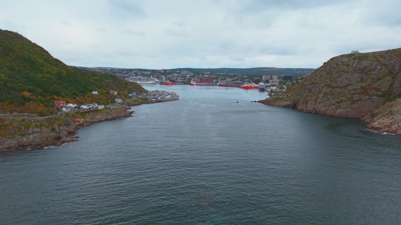 A dawn drone flight over Fort Amherst captures mist rising from the calm bay, golden sunlight bathing the cliffs and lighthouse and sleepy cottages nestled among autumn foliage