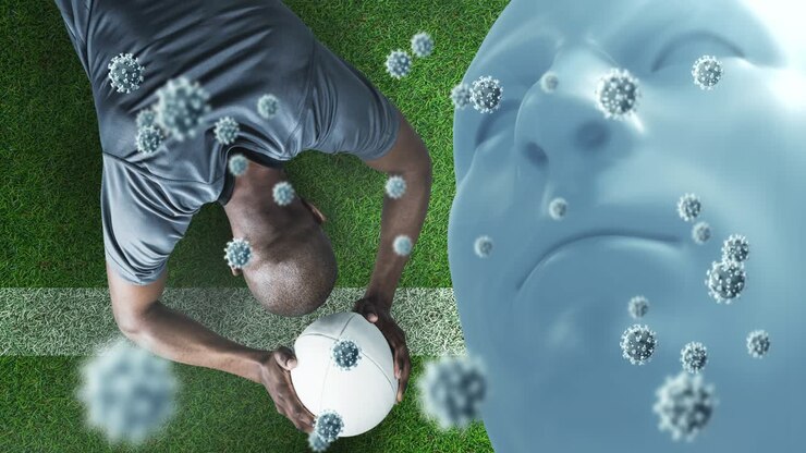 Animazione di cellule Covid-19 che cadono su un giocatore di football americano.