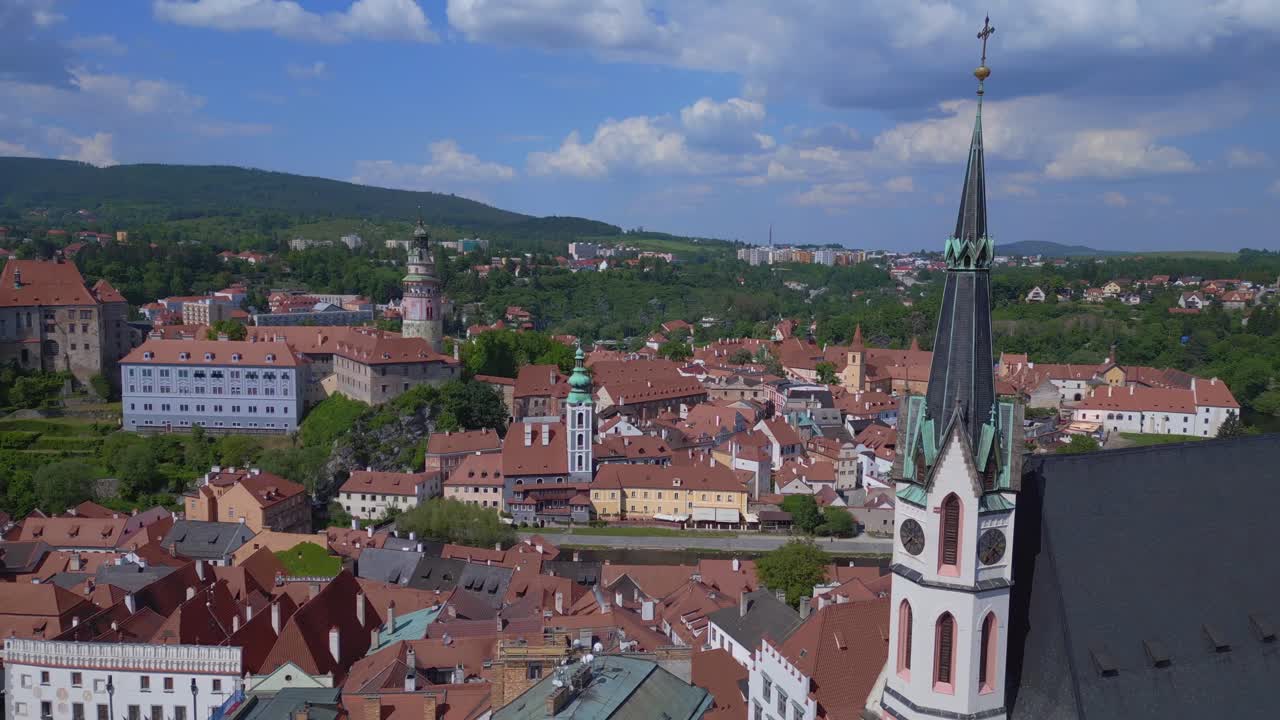 cathedral church Beautiful aerial top view flight Czech Republic historical Cesky Krumlov Vltava river in summer time 2023, world heritage in Bohemia