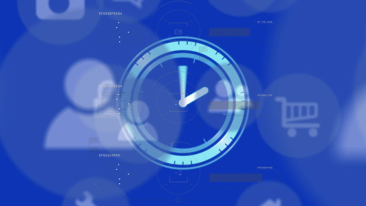 animación de reloj digital y múltiples iconos sobre fondo azul