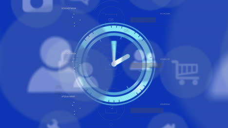 animation of digital clock and multiple icons over blue background