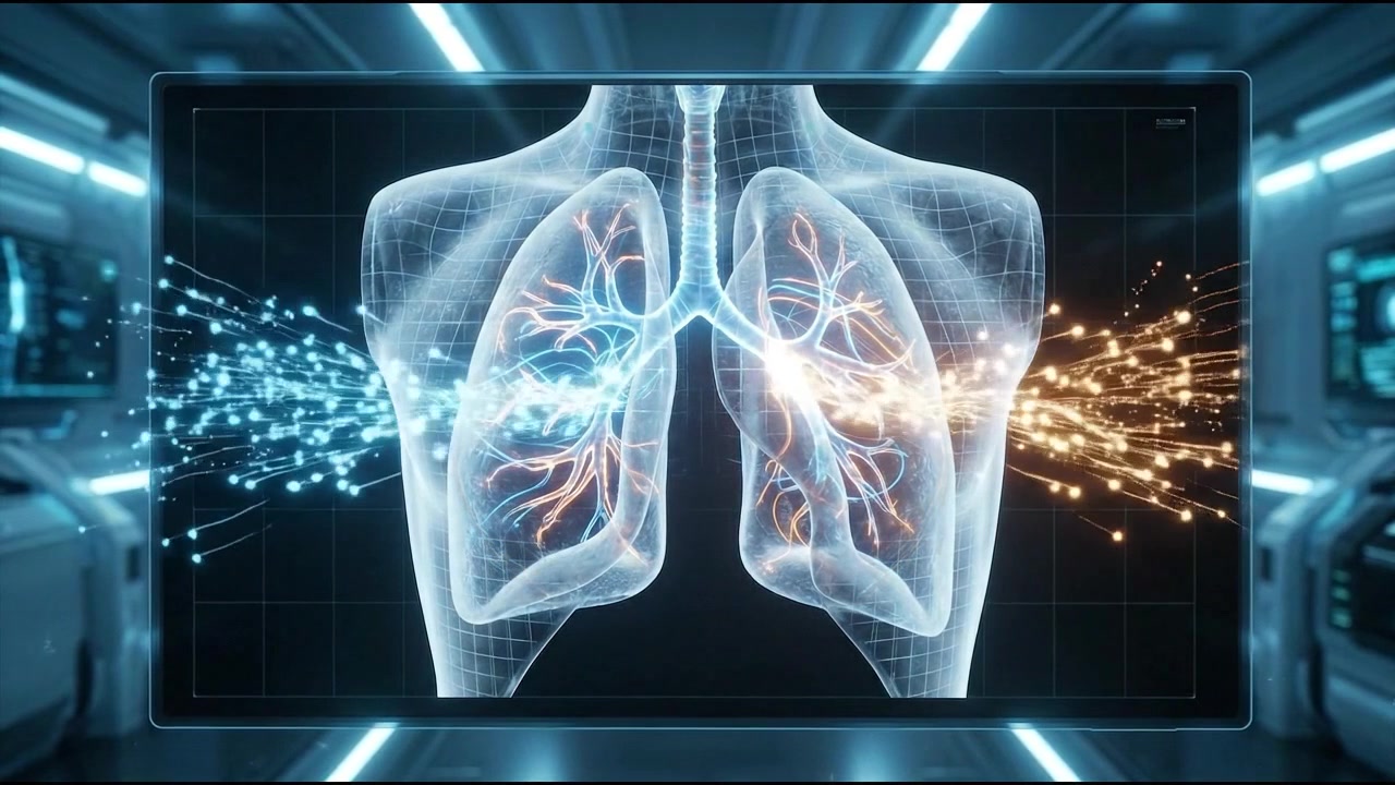 Transparent lungs releasing golden particles in respiratory science concept