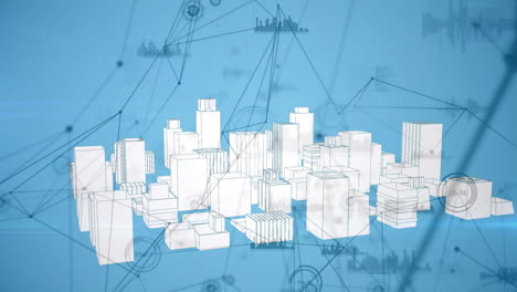 animation of network of connections and data processing over city on blue background