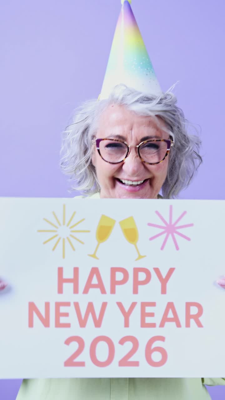 Donna anziana con un cappello da festa che tiene un cartello "Felice Anno Nuovo 2026".