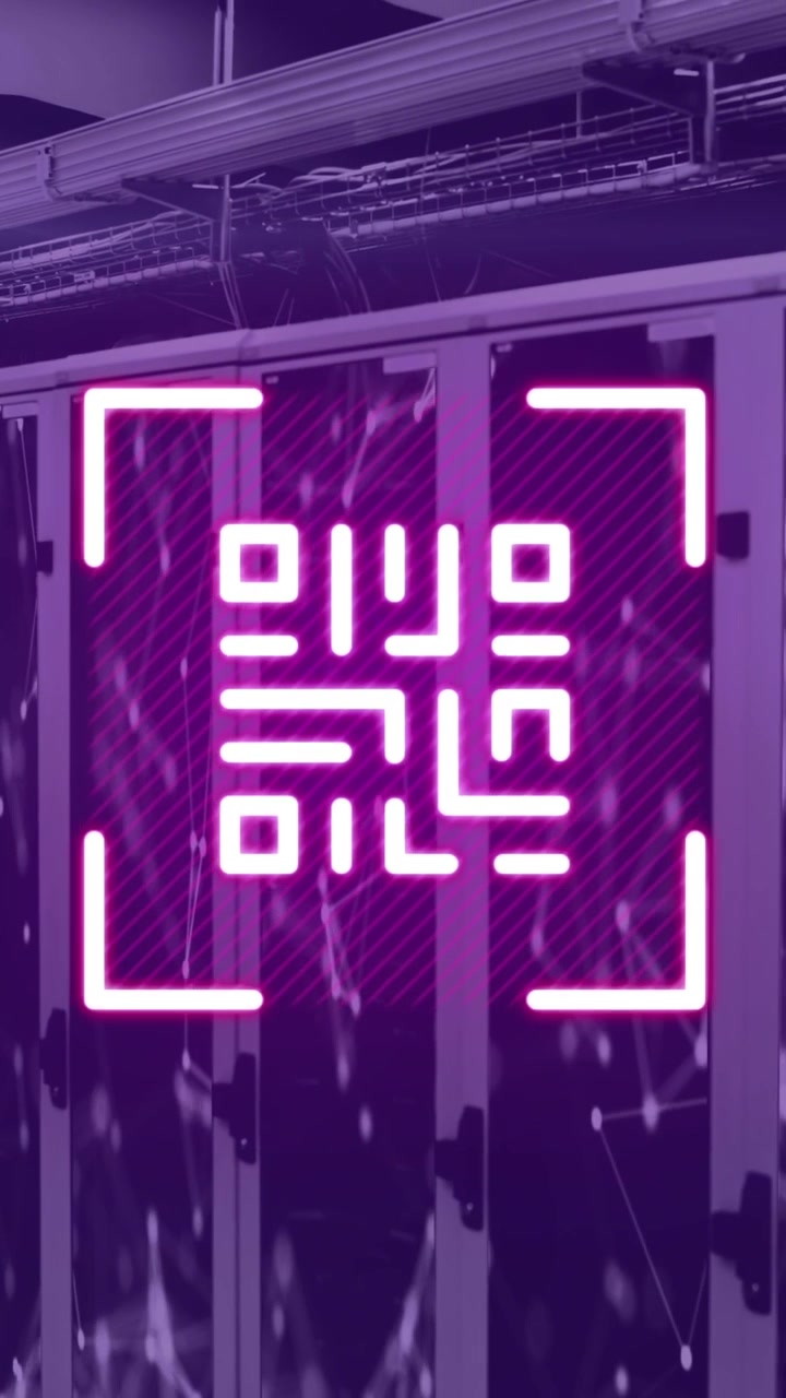 Animation of neon qr code over server room in violet