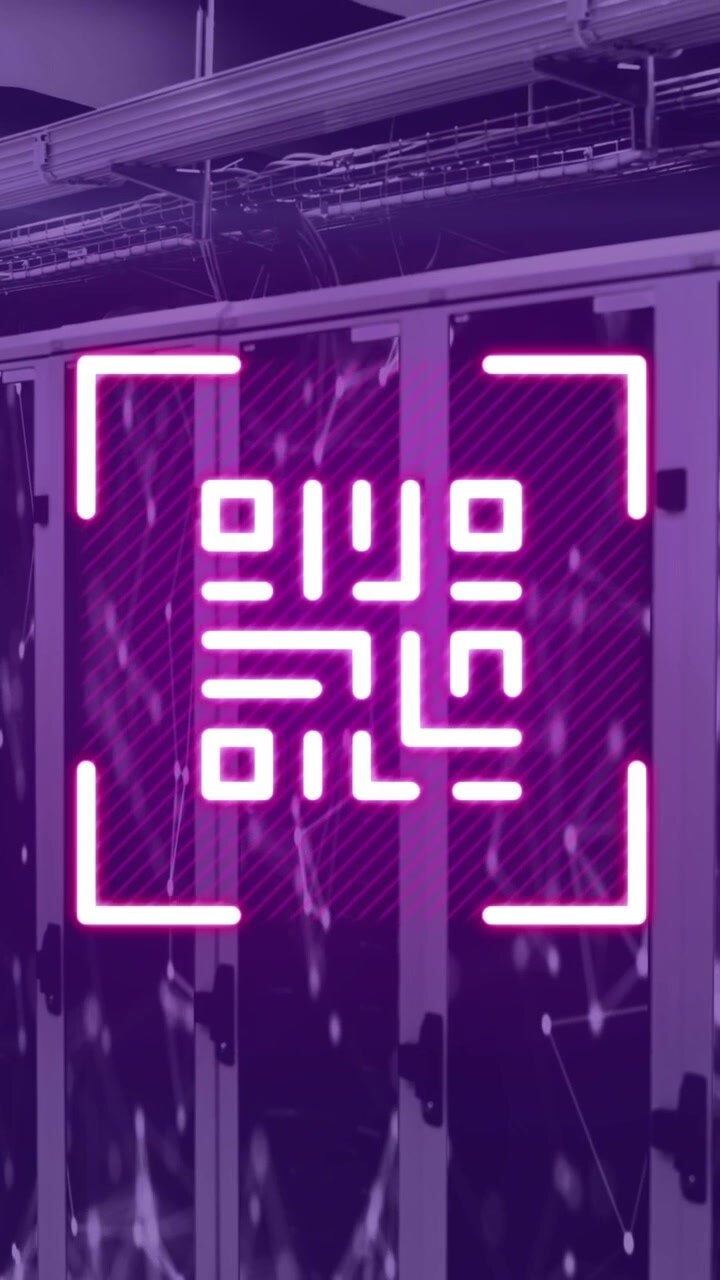 Animation of neon qr code over server room in violet