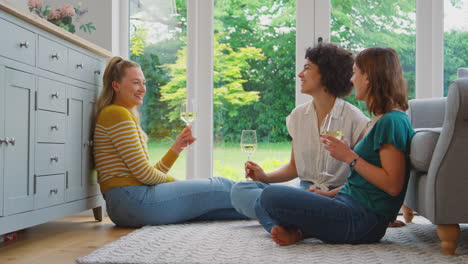 group of female friends relaxing at home sitting in lounge chatting celebrating with glass of wine