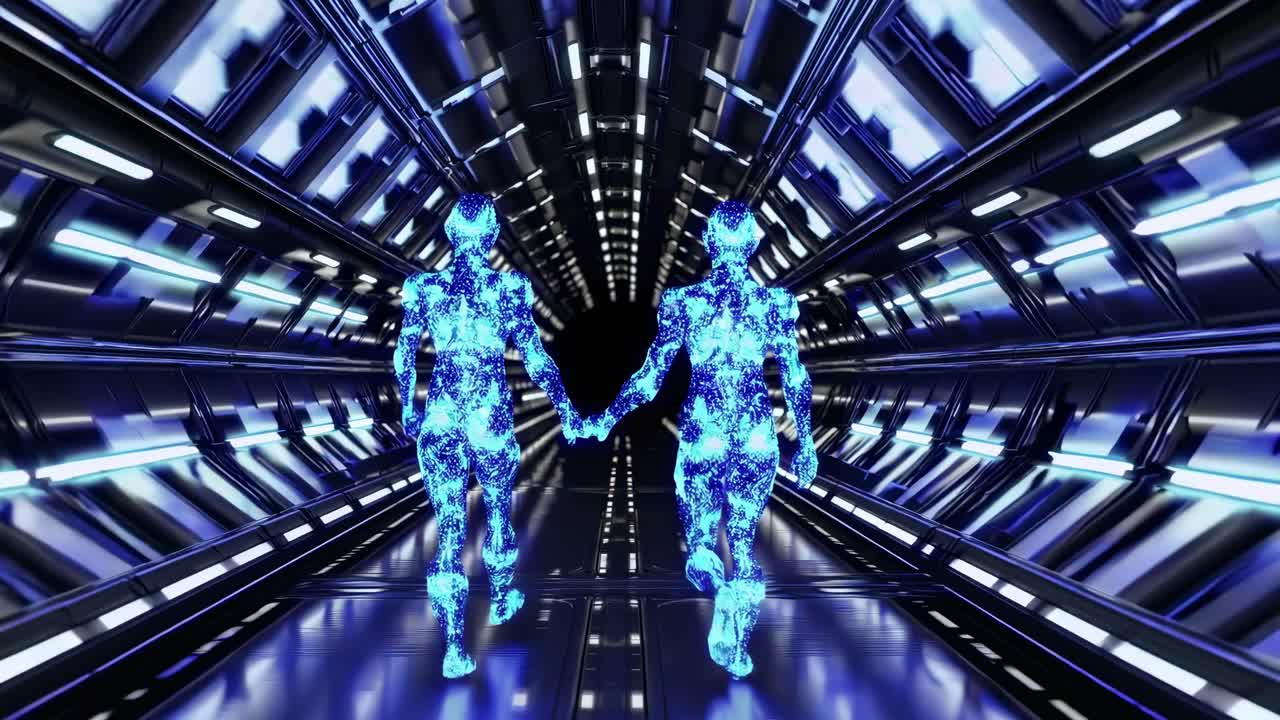 Luminous blue humanoid figures walking hand in hand through dimly lit futuristic tunnel, symbolizing connection, love, and technological progression in sleek digital landscape