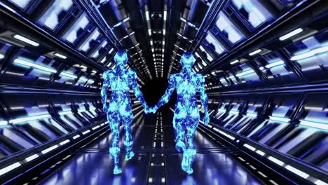 luminous blue humanoid figures walking hand in hand through dimly lit futuristic tunnel, symbolizing connection, love, and technological progression in sleek digital landscape