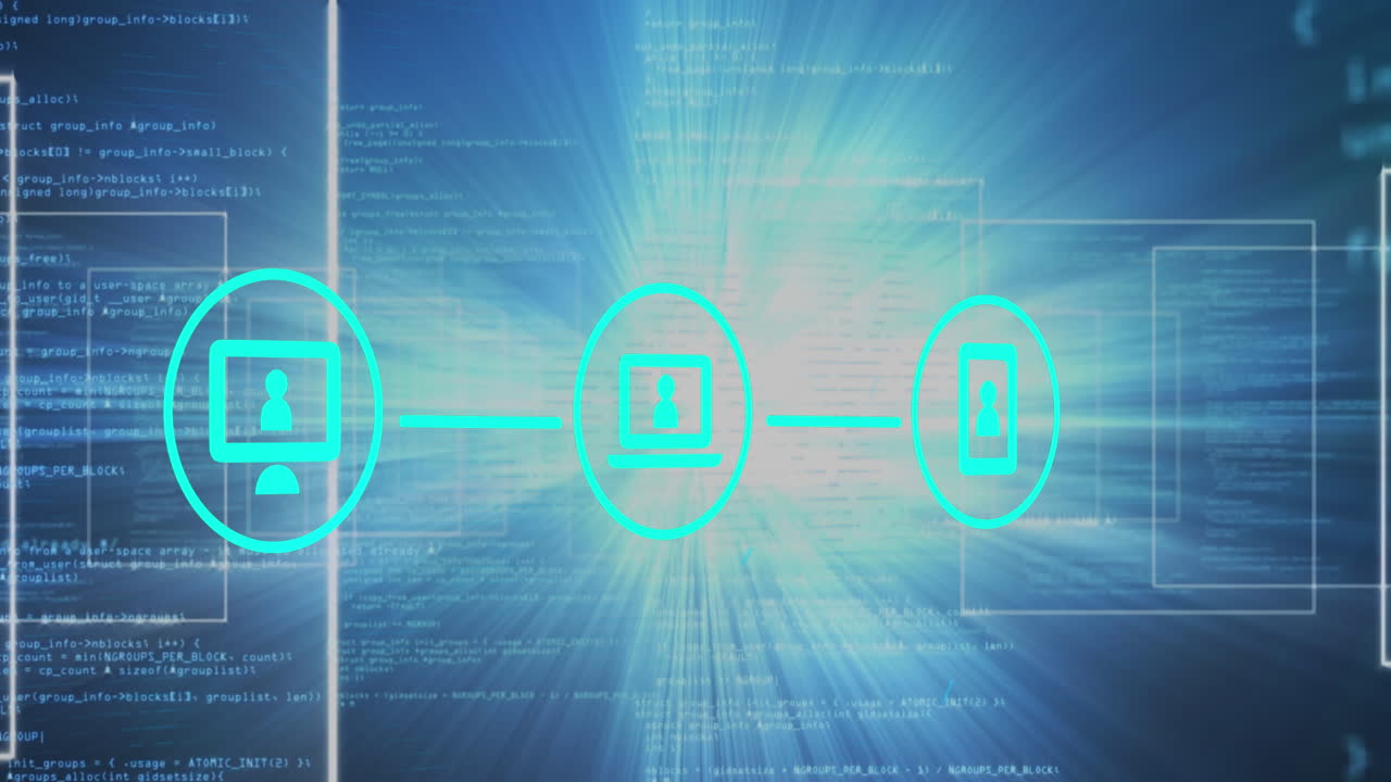 Animation of network of digital icons, data processing and bright light spot against blue background