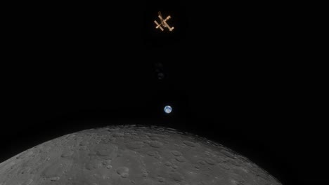 a space station seen orbiting around the moon with the earth far in the distant background, simulating the future artemis program lunar gateway