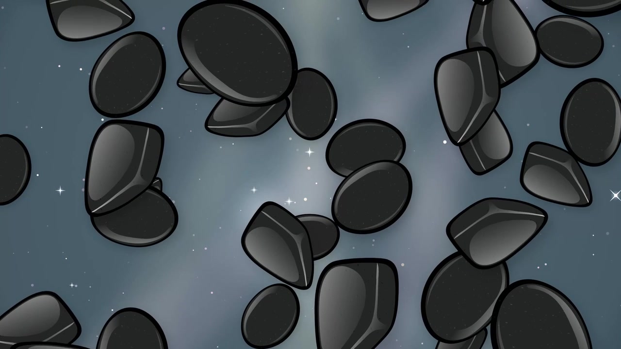 Stylized black stones fall vertically against a shimmering, soft blue and grey glittery backdrop.