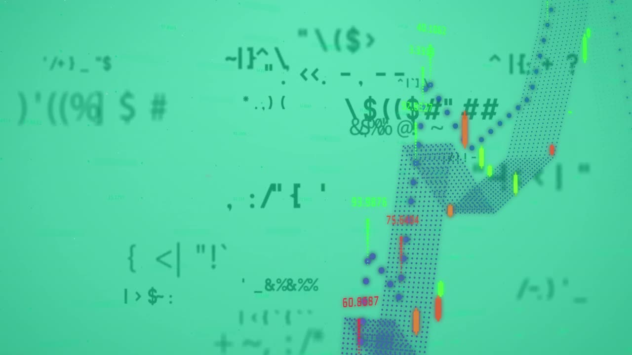 Animation of numbers and financial data processing over green background
