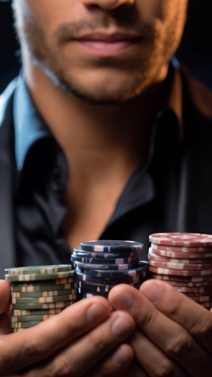 Un giocatore d'azzardo fiducioso espone la sua collezione di fiches da poker colorate, incarnando l'eccitazione e la tensione del gioco d'azzardo ad alta posta in un'ambientazione drammatica.