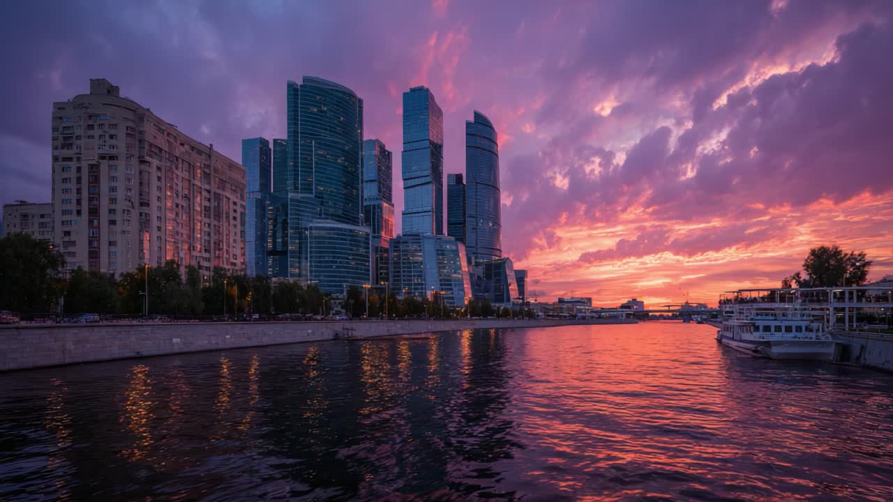 Uma vista crepuscular de tirar o fôlego de arranha-céus modernos refletindo em águas calmas, criando um céu colorido espetacular durante o pôr do sol sobre uma paisagem urbana