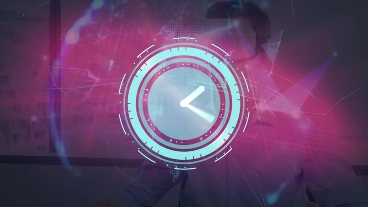 Businessman Using Virtual Reality Headset with Digital Clock Overlay