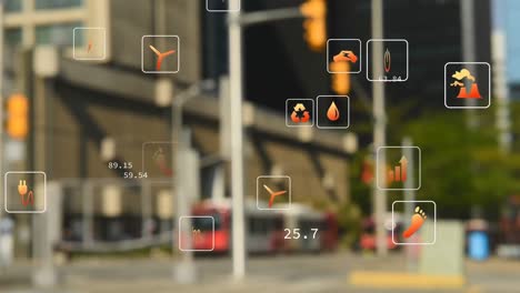 animation of multiple icons over blurred buses moving on street in city