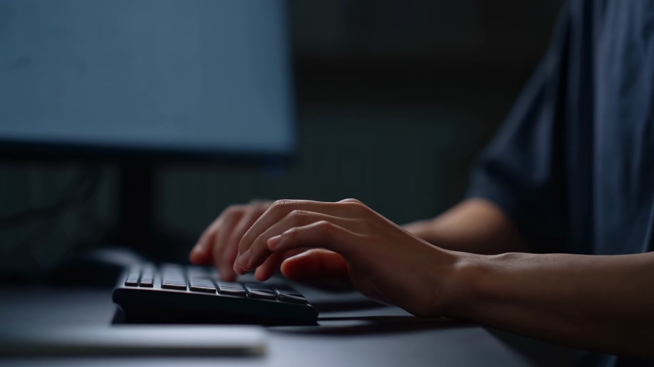 Lavt nærbillede af hænder og underarme, der taster på et slankt lavprofiltastatur i et dæmpet indendørs arbejdsområde, med bløde skygger, kølige blå toner, lav dybdeskarphed og en fokuseret professionel stemning, med tastning på tastaturet.