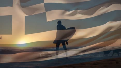 Animación-De-La-Bandera-De-Grecia-Sobre-Un-Hombre-Caucásico-En-La-Playa.